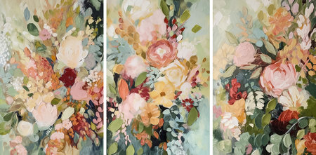 Set of three oil painting in boho style, garden flowers bouquet in pastel colors, semi abstract, AI generativeの素材