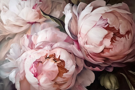 Horizontal oil painting of pink peony flowers bouquet, impasto, huge close-up, AI generativeの素材