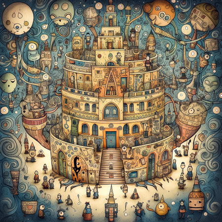 Whimsical square pattern with tower, neutral colors, with lots of different objects and creature. AI generativeの素材