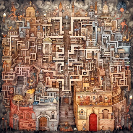 Imaginary city, hyper detailed square pattern, whimsical art, neutral colors, AI generativeの素材