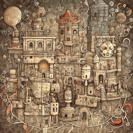 Whimsical pattern of fantasy city. Doodle art, square illustration, AI generativeの素材