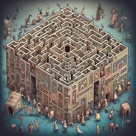 Intricate square pattern with labyrinth, with lots of different creature. AI generativeの素材