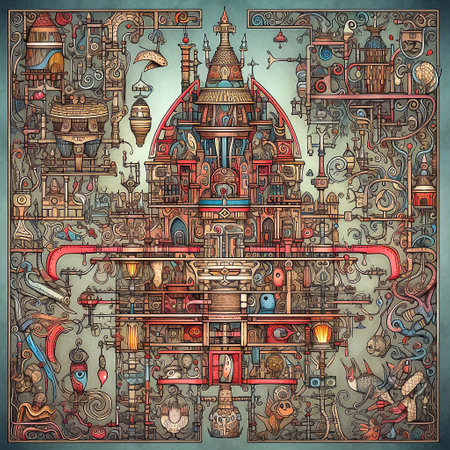 Whimsical hyper detailed square pattern, whimsical art, doodle background, AI generativeの素材