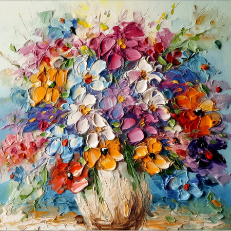 Semi abstract oil painting in boho style, bright autumn flowers in vase, impasto, AI generativeの素材