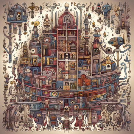 Whimsical square pattern neutral colors, with lots of different objects. AI generativeの素材