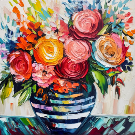 Beautiful bouquet of garden flowers in striped vase. Oil painting in boho style, semi abstract, AI generativeの素材