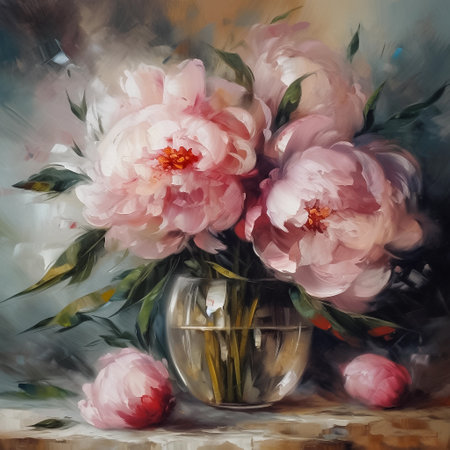 Oil painting of a bouquet of pink peonies in a vase. Floral still life, AI generativeの素材