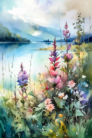 Watercolor painting of wildflowers and mountains landscape on coast river. AI generativeの素材
