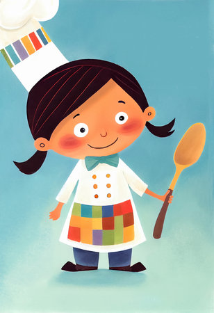 Portrait of a little girl in a chef uniform with a spoon, children's book illustration, AI generativeの素材