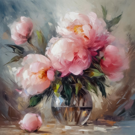 Beautiful bouquet of pink peonies flowers in a vase. Oil painting, AI generativeの素材