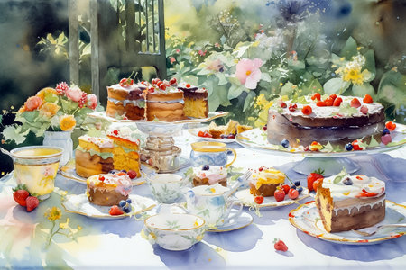 Elegant fancy spring tea party with sweet pastry, watercolor still life, AI generativeの素材