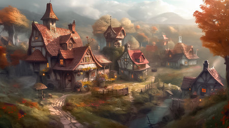 Digital painting of a fairy tale village with wooden houses in the fog for game location. AI generativeの素材