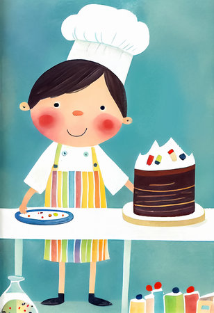 Cartoon cute little chef with a cake on the table, illustration for children's book. AI generativeの素材