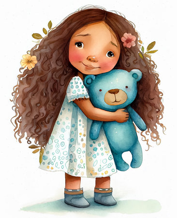 Watercolor portrait of cute cartoon girl hugging teddy bear, white background, nursery art. AI generativeの素材