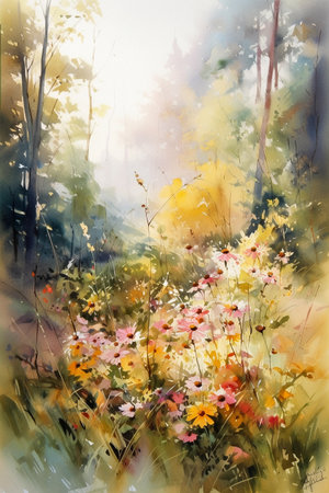Watercolor landscape of wildflowers in the forest. Morning fog. AI generativeの素材