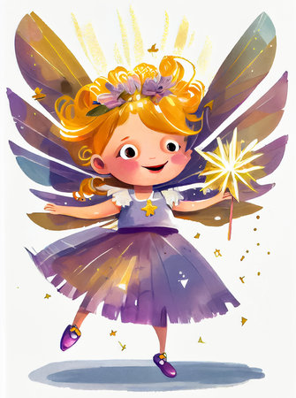 Cartoon fairy with magic wand, isolated on white. Fantasy illustration for children's book. AI generativeの素材