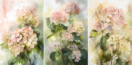 Set of three piece, watercolor painting of hydrangea flowers bouquet, AI generativeの素材