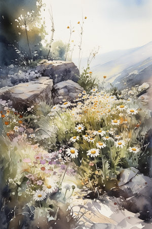 Watercolor painting of wildflowers in the mountains landscape. AI generativeの素材