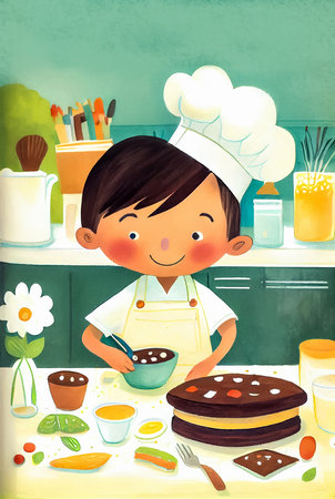 Cartoon kid chef cooking cake in the kitchen. Children's book illustration, AI generativeの素材