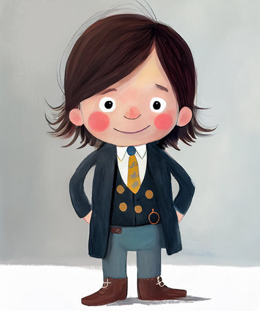 Portrait of little boy wearing a business suit with his hands in his pockets. Cartoon illustration for children's book. AI generativeの素材