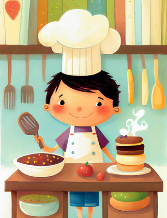 Boy chef cooking food in the kitchen. Cartoon illustration for children's book, AI generativeの素材