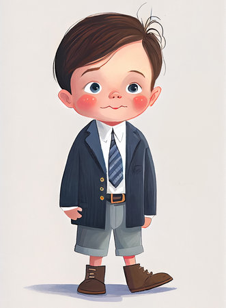 Portrait of cartoon little boy in school uniform, illustration for children's book. AI generativeの素材
