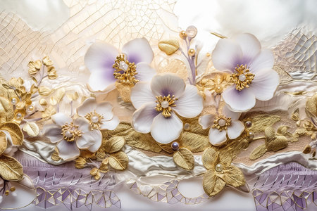 Beautiful decorative mural. Romantic backdrop with violet paper flowers, luxury wall art with floral ornament. AI generativeの素材
