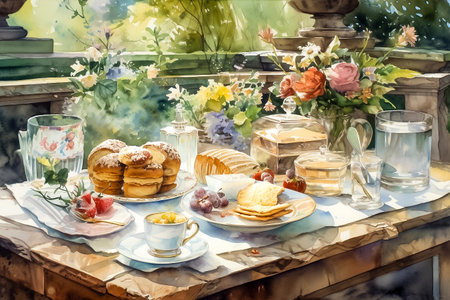 Watercolor still life painting, tea perty in the spring garden with sweet pastry, AI generativeの素材