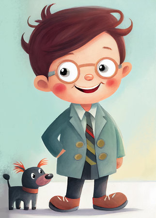 Portrait of happy boy in the glasses and dog. Cartoon illustration for children's book. AI generativeの素材