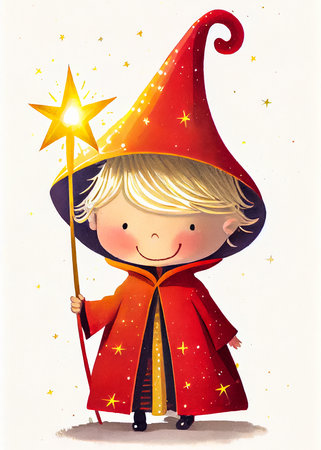 Cute little wizard with magic wand isolated on white background. Illustration for children's book. AI generativeの素材