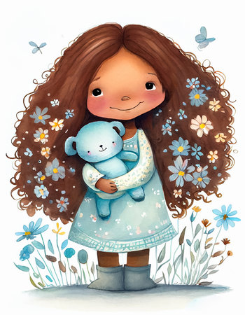 Smiling cartoon little girl hugging teddy bear, white background, watercolor painting, nursery art. AI generativeの素材