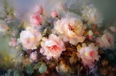 Semi abstract horizontal oil painting of roses flowers in vase, impasto, AI generativeの素材