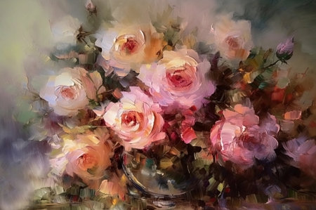 Horizontal oil painting of pink roses bouquet in vase, boho style, impasto, semi abstract, AI generativeの素材