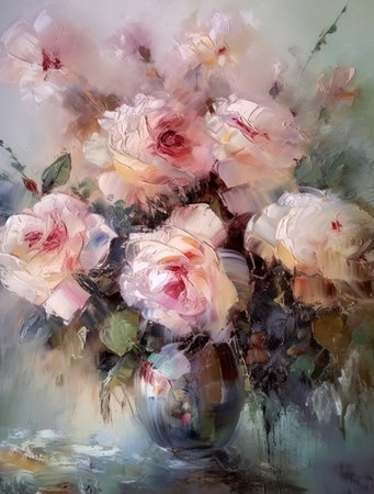 Semi abstract vertical oil painting of pink roses bouquet in vase, impasto, AI generativeの素材
