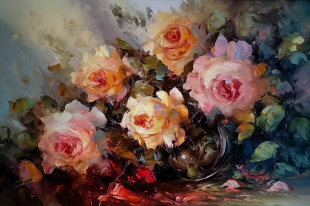 Semi abstract horizontal oil painting of roses bouquet in vase, impasto, AI generativeの素材