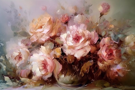 Roses flowers in vase, impasto, horizontal oil painting, boho style, AI generativeの素材