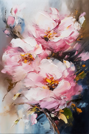 Semi abstract vertical oil painting of pink flowers, close-up, impasto, AI generativeの素材