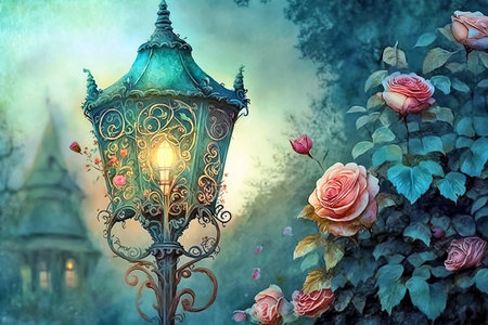 Vintage street lamp with roses. Close-up watercolor painting. AI generativeの素材