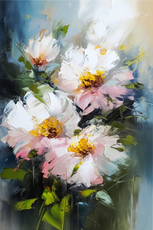 Semi abstract vertical oil painting of white garden flowers, impasto, AI generativeの素材