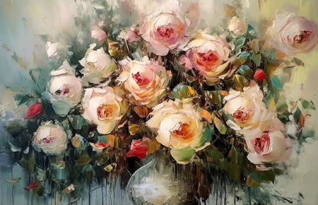 Semi abstract horizontal oil painting of white roses flowers in vase, impasto, AI generativeの素材