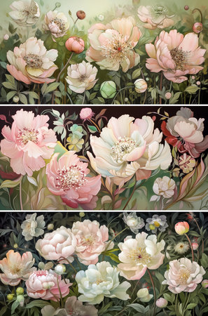 Peonies horizontal banner, set of three floral backgrounds. AI generativeの素材