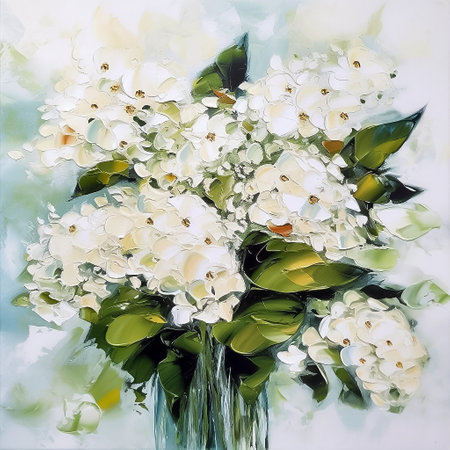 Semi abstract square oil painting of white hydrangea bouquet, impasto, AI generativeの素材