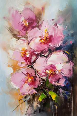 Vertical oil painting of garden flowers bouquet in boho style, impasto, semi abstract, AI generativeの素材