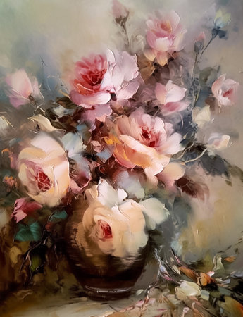 Bouquet of roses in vase. Printable vertical semi abstract oil painting, impasto, boho style, AI generativeの素材