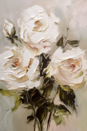 Semi abstract vertical oil painting of white roses flowers bouquet, impasto, AI generativeの素材