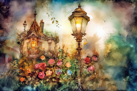 Old street lamp and flowers in the garden, villa in the background. Digital stylized watercolor painting, AI generativeの素材