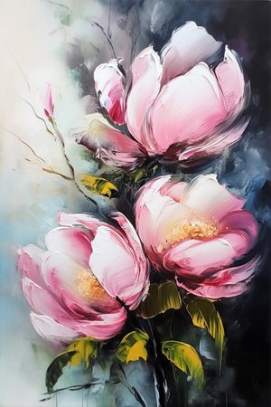 Pink blooming flowers, impasto, vertical oil painting, boho style, AI generativeの素材