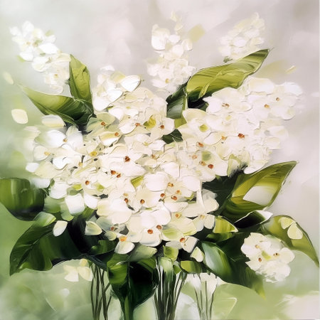 White hydrangea flowers bouquet, impasto, square oil painting, AI generativeの素材