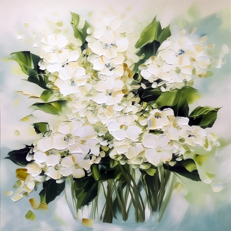 Bouquet of white garden flowers. Square semi abstract oil painting, impasto, AI generativeの素材