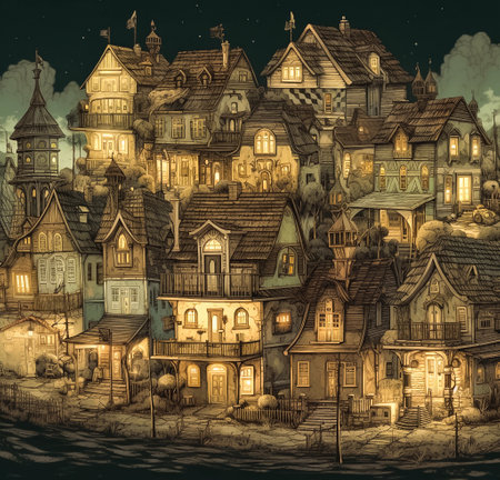 Cartoon medieval village at night on the hill. AI generativeの素材